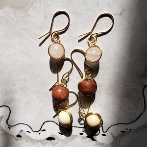 Rose quartz & wood drop earrings set of 3 - 429